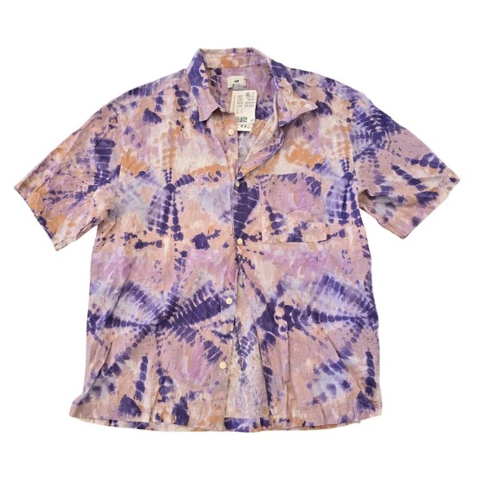 🆕️ H&M Relaxed Fit Linen Blend Tie Dye Short Sleeve Button‎ Up Shirt L